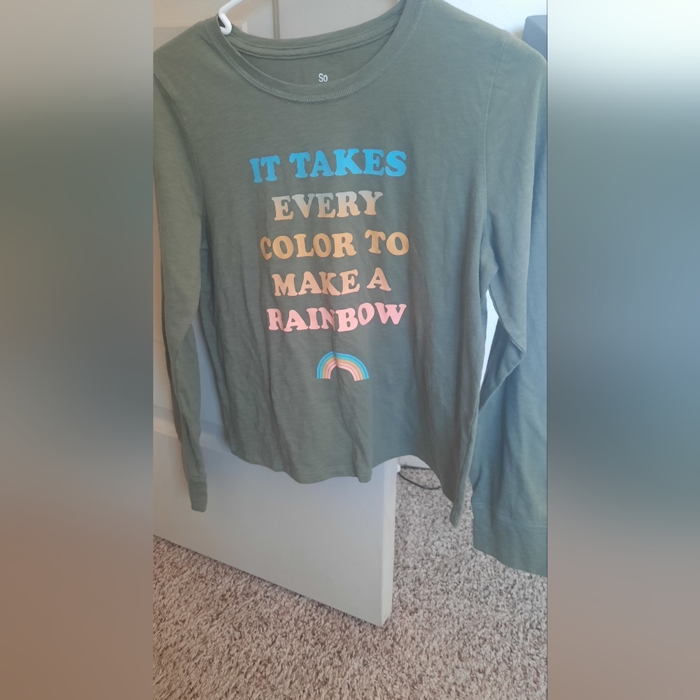 SO Olive Long Sleeve Tee with Colorful Text